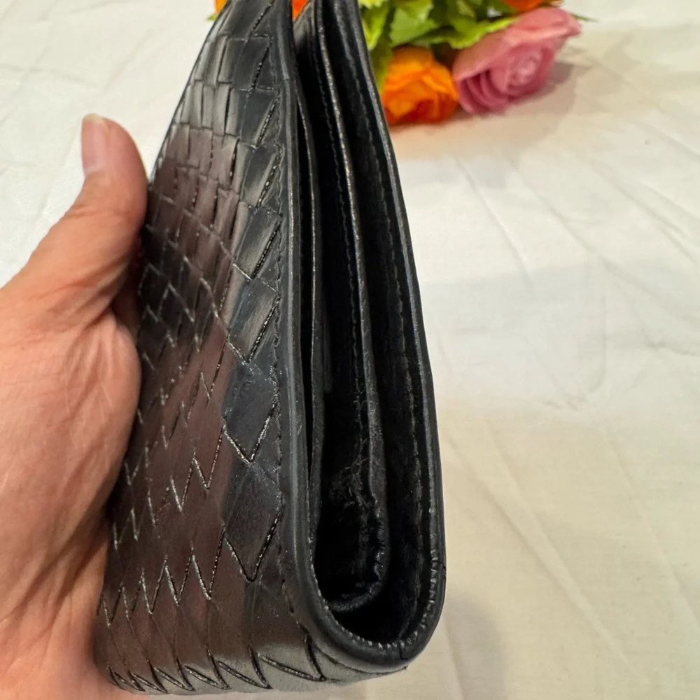 Authentic Bottega Veneta Black Woven Leather Wallet